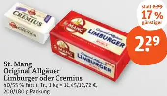 tegut St. Mang Original Allgäuer Limburger oder Cremius 200/180 g Packung Angebot