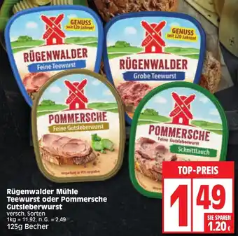 Edeka Rügenwalder Mühle Teewurst oder Pommersche Gutsleberwurst 125g Becher Angebot