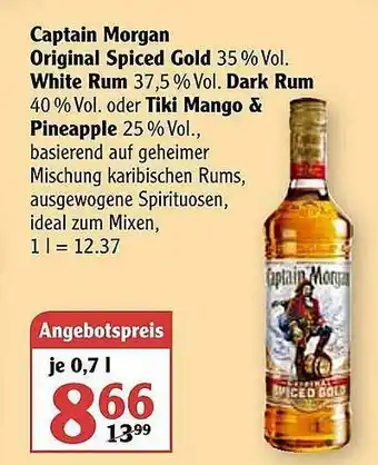 Globus Captain Morgan Original Spiced Gold, White Rum, Dark Rum Oder Tiki Mango & Pineapple Angebot