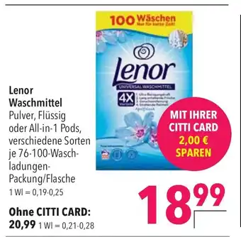 CITTI Markt Lenor Waschmittel Pulver, Flüssig oder All-in-1 Pods, verschiedene Sorten je 76-100-Wasch-ladungen-Packung/Flasche Angebot