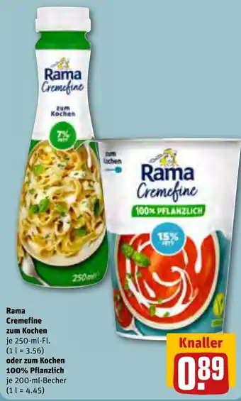 REWE Rama Cremefine zum Kochen 250-ml-Fl. oder zum Kochen 100% Pflanzlich 200 ml Becher Angebot