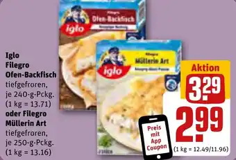 REWE Iglo Filegro Ofen-Backfisch 240 g oder Filegro Müllerin Art 250 g Pckg. Angebot