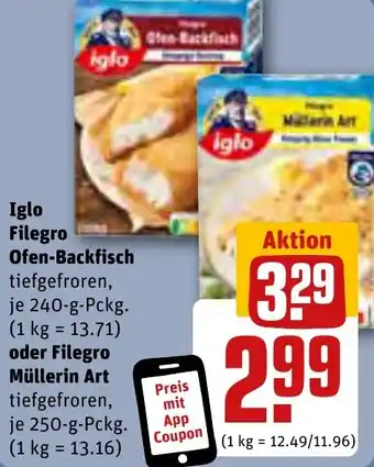 REWE Iglo Filegro Ofen-Backfisch 240 g oder Filegro Müllerin Art 250 g Pckg. Angebot