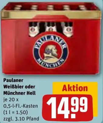 REWE Paulaner Weißbier oder Münchner Hell 20x0,5 L-Fl. Kasten Angebot