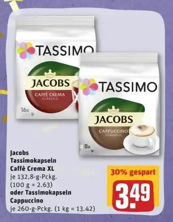 REWE Center Jacobs Tassimokapseln Caffè Crema XL 132,8g oder Tassimokapseln Cappuccino 260g Angebot