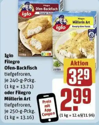 REWE Iglo Filegro Ofen-Backfisc 240-g-Pckg. oder Filegro Müllerin Art 250-g-Pckg. Angebot