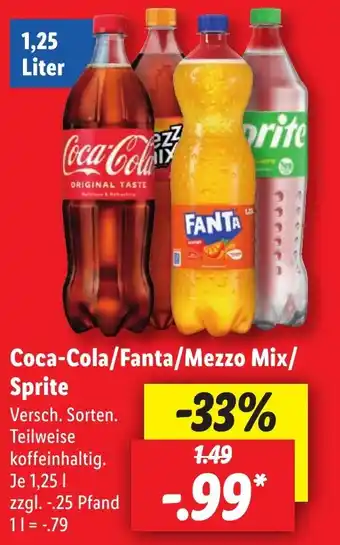 Lidl Coca-Cola/Fanta/Mezzo Mix/ Sprite 1,25 l Angebot