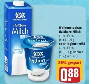 REWE Center Weihenstephan Haltbare Milch 1L oder Joghurt mild 500g Angebot