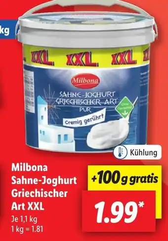 Lidl Milbona Sahne-Joghurt Griechischer Art XXL 1,1 kg Angebot