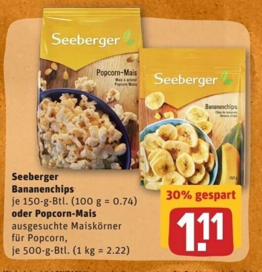 Seeberger Bananenchips 150g oder Popcorn Mais 500g Angebot bei REWE Center