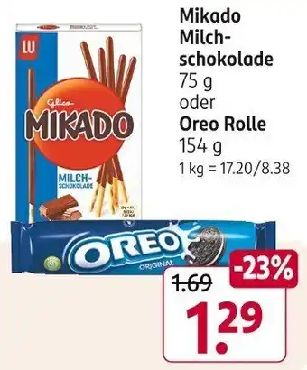 Rossmann Mikado Milchschokolade 75 g oder Oreo Rolle 154 g Angebot