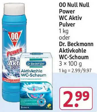 Rossmann 00 Null Null Power WC Aktiv Pulver 1 kg oder Dr. Beckmann Aktivkohle WC-Schaum 3 × 100 g Angebot