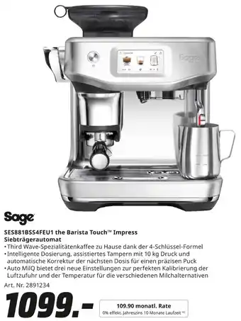 MediaMarkt Sage SES881BSS4FEU1 the Barista Touch Impress Siebträgerautomat Angebot