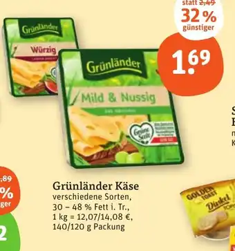 tegut Grünländer Käse 140/120 g Packung Angebot