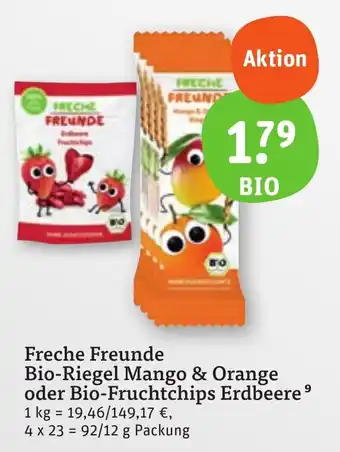 tegut Freche Freunde Bio-Riegel Mango & Orange oder Bio-Fruchtchips Erdbeere 92/12 g Packung Angebot