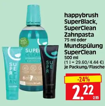 Edeka Herkules happybrush SuperBlack, SuperClean Zahnpasta 75 ml oder Mundspülung SuperClean 500 ml Angebot