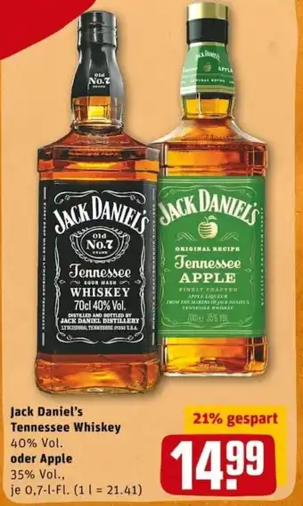 REWE PETZ Jack Daniel's Tennessee Whiskey oder Apple 0,7L Angebot