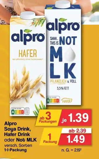 Famila Nord West Alpro Soya Drink, Hafer Drink oder Not MLK 1 l Packung Angebot