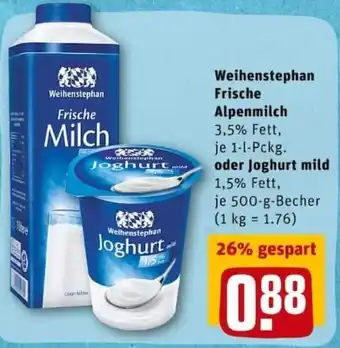 REWE PETZ Weihenstephan Frische Alpenmilch 1L oder Joghurt mild 500g Becher Angebot