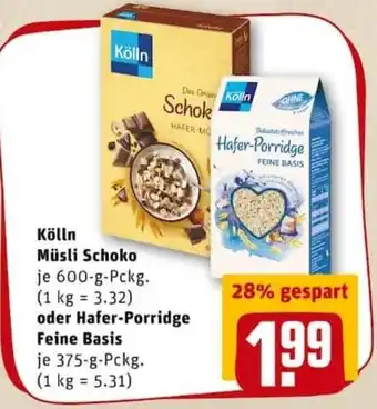 REWE PETZ Kölln Müsli Schoko 600g oder Hafer Porridge Feine Basis 375g Angebot