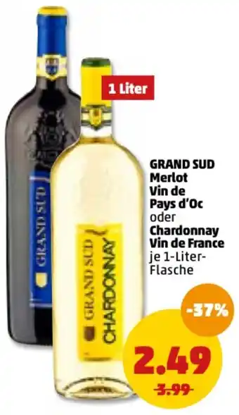 PENNY Grand Sud Merlot Vin de Pays d'Oc oder Chadonnay Vin de France 1L Angebot