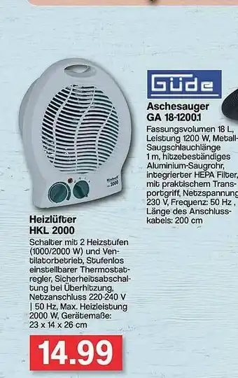 Famila Nord West Heizlüfter Hkl 2000 Aschesauger Ga 18-1200.1 Güde Angebot