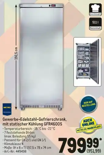 METRO Metro professional gewerbe-edelstahl-gefrierschrank‚ mit statischer kühlung gfr4600s Angebot