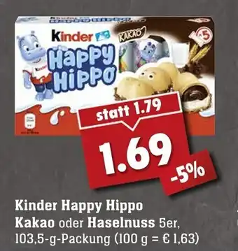 Edeka Neukauf Kinder Happy Hippo Kakao oder Haselnuss 103,5g Angebot