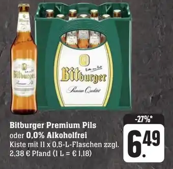 Scheck-in-Center Bitburger Premium Pils oder 0,0% Alkoholfrei 11 x 0,5 l Flaschen Angebot