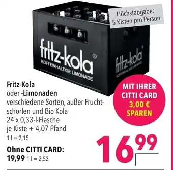 CITTI Markt Fritz-Kola oder -Limonaden 24 x 0,33-l-Flasche Angebot