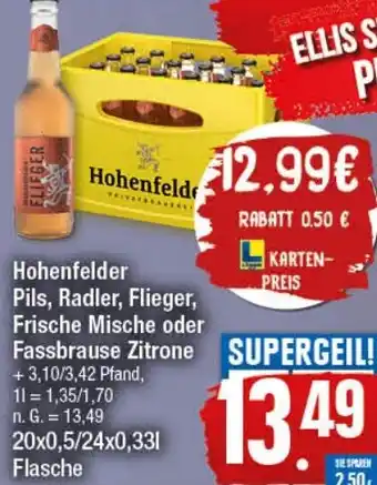 Elli Markt Hohenfelder Pils, Radler, Flieger, Frische Mische oder Fassbrause Zitrone 20x0,5/24x0,33 L Flasche Angebot