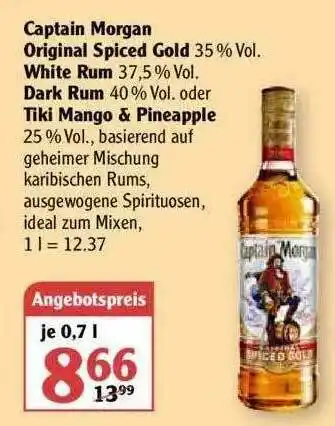 Globus Captain Morgan Original Spiced Gold, White Rum, Dark Rum Oder Tiki Mango & Pineapple Angebot