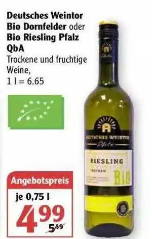 Globus Deutsches Weintor Bio Dornfelder Oder Bio Riestling Pfalz Qba Angebot