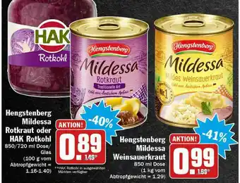 Hit Hengsterberg Mildessa Rotkraut Oder Hak Rotkohl, Weinsauerkraut Angebot