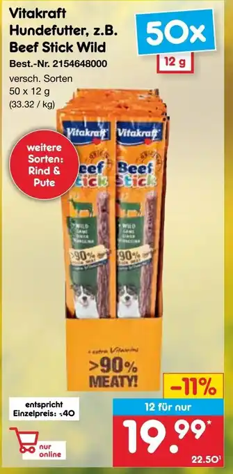 Netto Marken-Discount Vitakraft Hundefutter, z.B. Beef Stick Wild 50 x 12 g Angebot