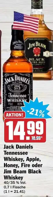 Hit Jack Daniels Tennessee Whiskey, Apple, Honey, Fire oder Jim Beam Black Whiskey 0,7L Angebot