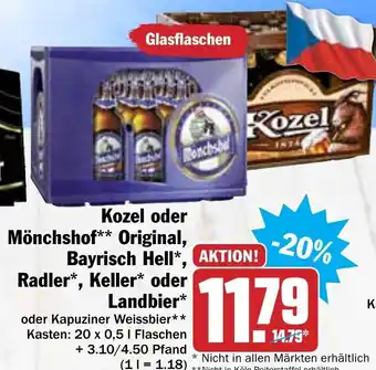 Hit Kozel oder Mönchshof Original, Bayrisch Hell, Radler, Keller oder Landbier 20x0,5L Angebot