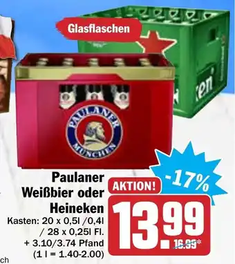 Hit Paulaner Weißbier oder Heineken 20x0,5L/0,4L/28x0,25L Angebot