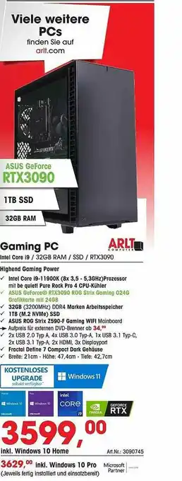 Arlt Gaming Pc Intel Core I9, 32gb Ram, Ssd, Rtx3090 Angebot