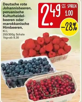 WEZ Deutsche rote Johannisbeeren, peruanische Kulturheidelbeeren oder marokkanische Himbeeren 250/300g Angebot