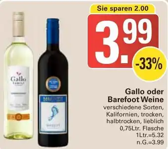 WEZ Gallo oder Barefoot Weine 0,75Ltr. Flasche Angebot