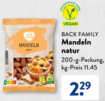 Aldi Süd BACK FAMILY Mandeln natur 200 g Packung Angebot