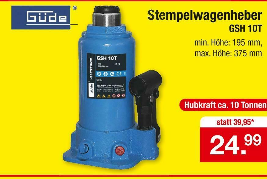 Güde Stempelwagenheber GSH 10T, 18042, Hubhöhe 195-385 mm, hydraulisch, Tragkraft 10t – Böttcher AG