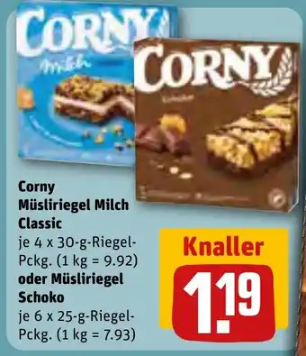 REWE Corny Müsliriegel Milch Classic 4 x 30 g Riegel-Pack oder Müsliriegel Schoko 6 x 25-g-Riegel-Pckg. Angebot