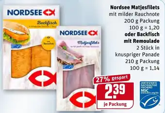 REWE Nordsee Matjesfilets 200g oder Backfisch mit Remoulade 210g Angebot