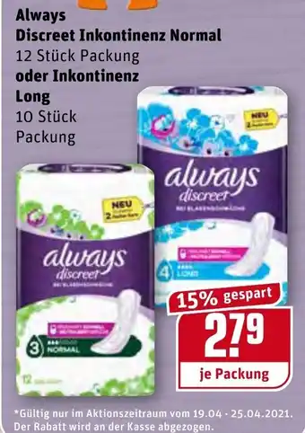 REWE Always Discreet Inkontinenz Normal oder Inkontinenz Long Angebot