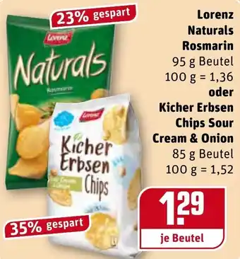 REWE Lorenz Naturals Rosmarin 95g Beutel oder Kicher Erbsen Chips Sour Cream & Onion 85g Beutel Angebot