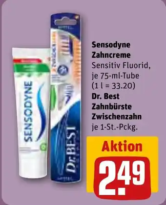 REWE Sensodyne Zahncreme Sensitiv Fluorid 75-ml-Tube Dr. Best Zahnbürste Zwischenzahn 1-St.-Pckg. Angebot