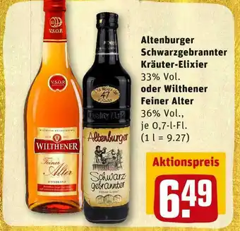 REWE Altenburger schwarzgebrannter kräuter-elixier oder oder wilthener feiner alter weinbrand oder kräuterlikör Angebot