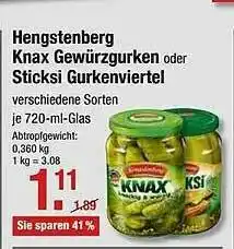 V Markt Hengstenberg Knax Gewürzgurken Oder Sticksi Gurkenviertel Angebot